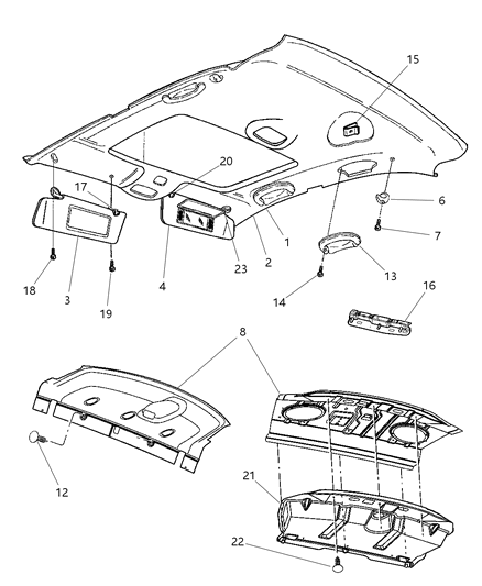 2001 Chrysler Sebring Sedan & Convertible Headliner, Visors & Rear Shelf Panel Diagram