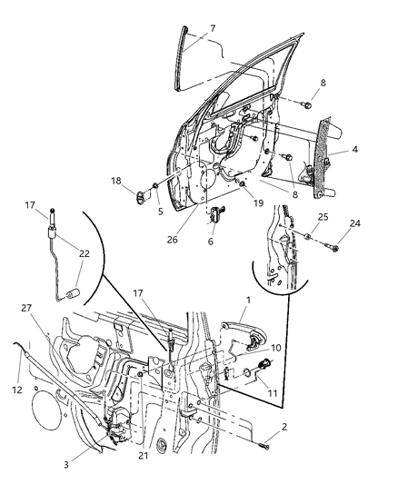 2010 Chrysler PT Cruiser Front Door, Hardware Components Diagram