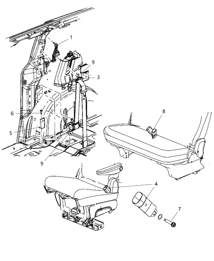 2009 Chrysler Town & Country Seat Belt Second Row Diagram