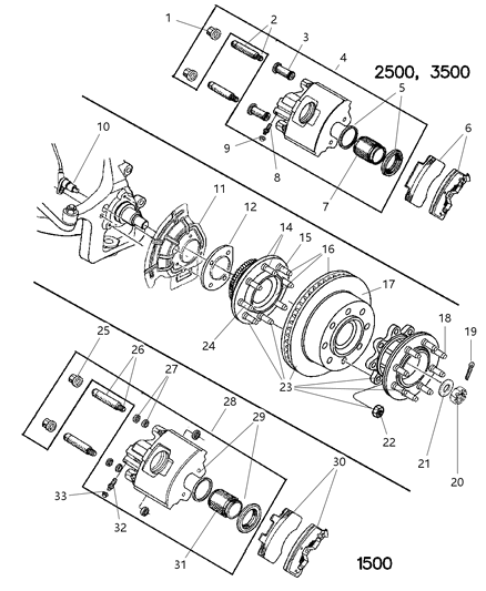 1998 Dodge Ram 2500 Quad & Club Cab Front Brakes Diagram 2