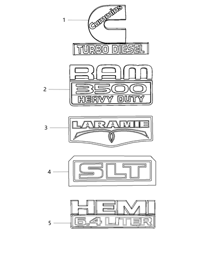 2017 Ram 3500 Cab Chassis(<10K lb.) Nameplates - Emblem & Medallions Diagram