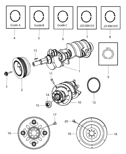 2008 Dodge Ram 1500 Crankshaft , Crankshaft Bearings , Damper , Flywheel And Flex plate Diagram 2