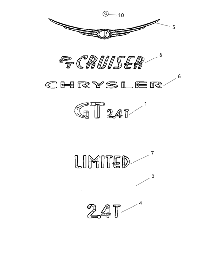 2009 Chrysler PT Cruiser Nameplates - Emblem & Medallions Diagram