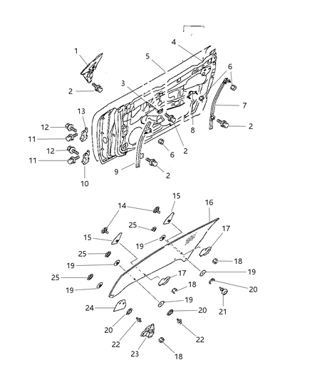1997 Chrysler Sebring Coupe Door, Front Panel & Glass Diagram