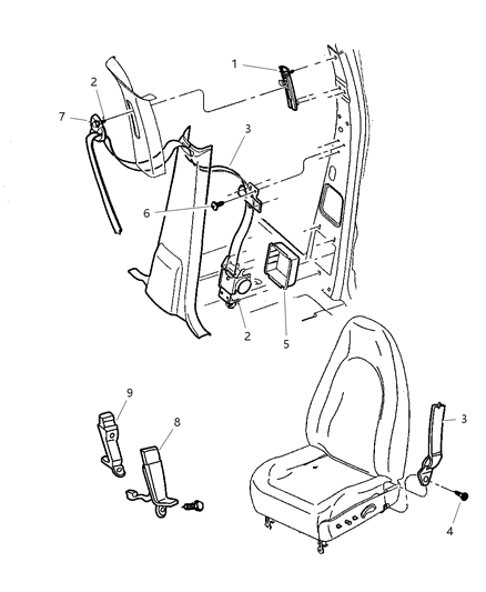 2000 Dodge Durango Front Inner Seat Belt Diagram for 5GK301K5AB