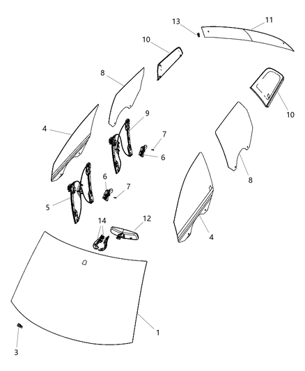 2011 Dodge Journey Glass, Glass Hardware & Regulators & Interior Mirrors Diagram