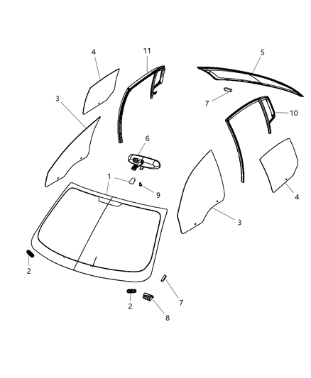 2011 Chrysler 200 Glass, Glass Hardware & Interior Mirror Diagram