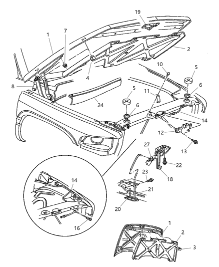 1998 Dodge Ram 1500 Hood Hinge Diagram for 55076271AB