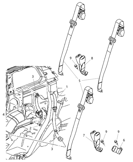 2006 Jeep Commander Two Buckles Third Row Seat Belt Diagram for 5JX201J3AB