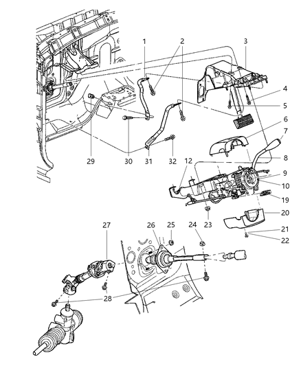 2001 Dodge Dakota Column, Steering, Upper & Lower Diagram