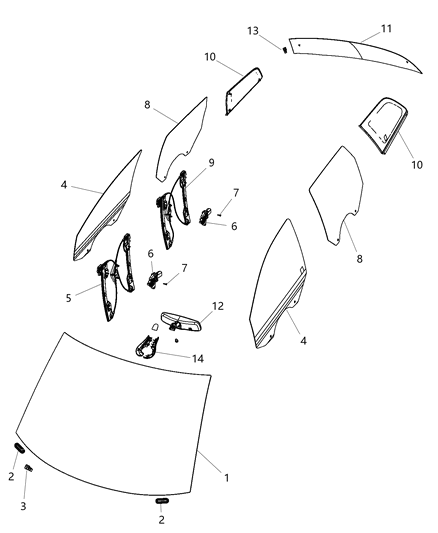 2012 Dodge Journey Glass, Glass Hardware & Regulators & Interior Mirrors Diagram