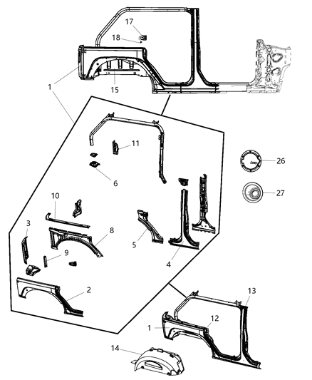 2018 Jeep Wrangler JK (Previous-generation) Rear Aperture (Quarter) Panel Diagram 2