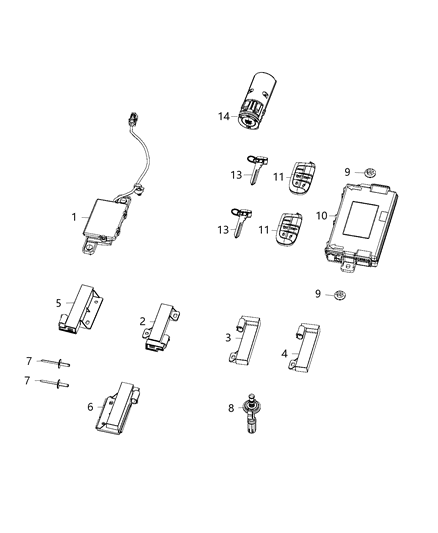 2018 Dodge Challenger Modules, Ignition Node, Receivers, Keys & Key Fobs Diagram 1