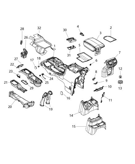 2020 Jeep Wrangler Floor Console, Front Diagram