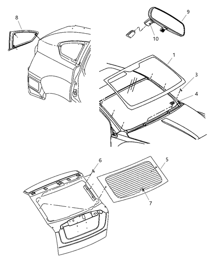 2007 Dodge Caliber Glass - Windshield, Backlite, Quarter Window, Rear View Mirror Diagram