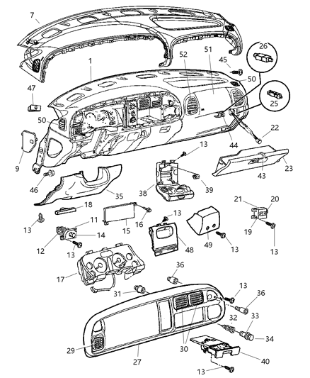 1999 Dodge Ram 1500 Bezel Instrument Cluster Air Conditioning & Heater Outlets Included Diagram for 5GK52AAAAA