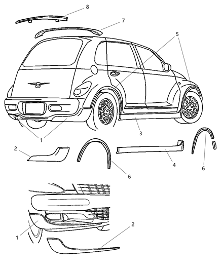 2001 Chrysler PT Cruiser Spoiler K-TAILGATE - Rear Diagram for 82205687