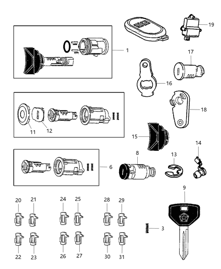 1998 Jeep Wrangler Lock Cylinders & Keys Diagram