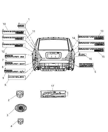 2008 Chrysler Town & Country Nameplates - Emblem & Medallions Diagram