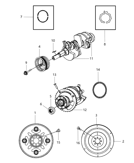 2008 Dodge Dakota Crankshaft , Crankshaft Bearings , Damper , Flywheel And Flex plate Diagram 1