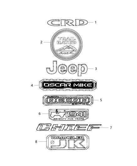 2017 Jeep Wrangler Nameplates - Emblem & Medallions Diagram