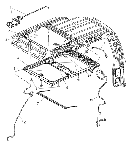 2009 Dodge Dakota Sunroof Glass & Component Parts Diagram