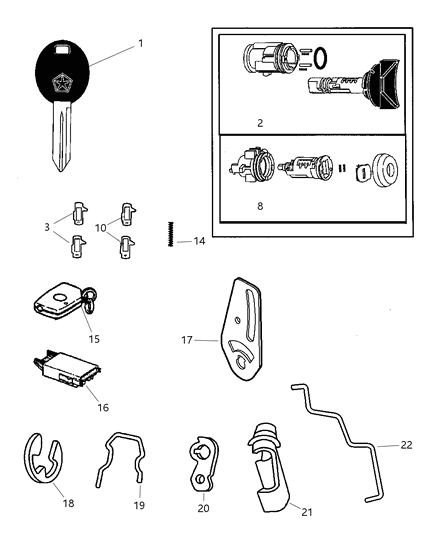 1999 Chrysler Town & Country Lock Cylinder, Keys & Repair Components Diagram