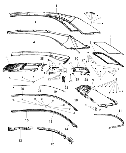 2008 Chrysler Sebring WEATHERSTRIP-Header And A Pillar Diagram for 4389633AC