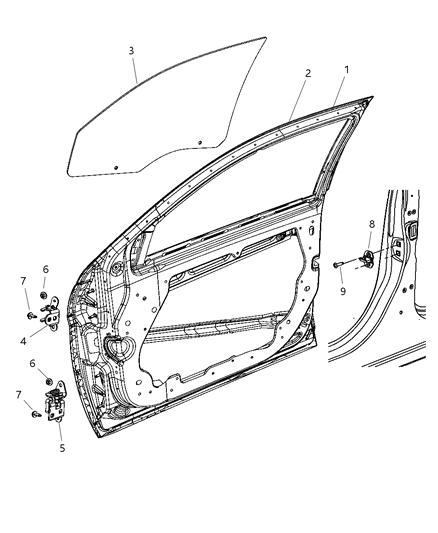 2007 Chrysler Sebring Door, Shell, Hinge, Glass Diagram 1