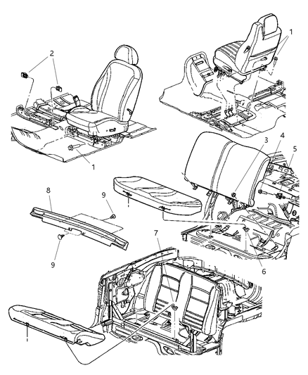 2004 Chrysler Sebring Sedan & Convertible Front & Rear Seats Attaching Parts Diagram