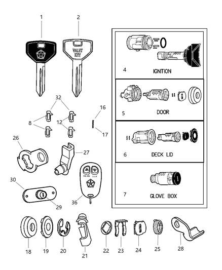 1997 Chrysler Cirrus Lock Cylinder & Double Bitted Lock Cylinder Repair Components Diagram