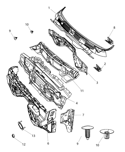 2010 Dodge Ram 1500 Cowl, Dash Panel & Related Parts Diagram