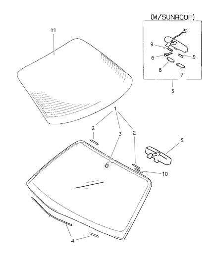 1998 Chrysler Sebring Windshield & Backlite Diagram