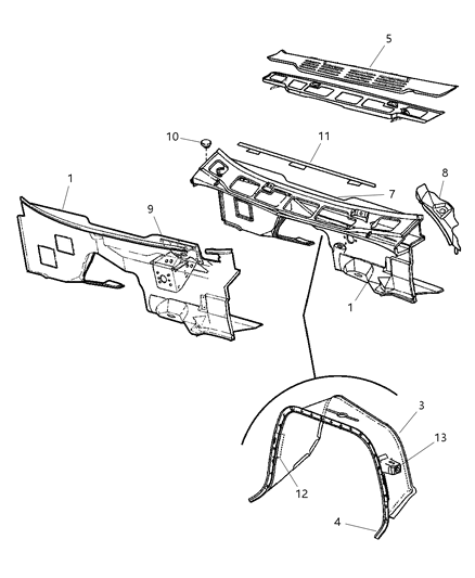 1998 Dodge Ram Wagon Cowl & Dash Diagram