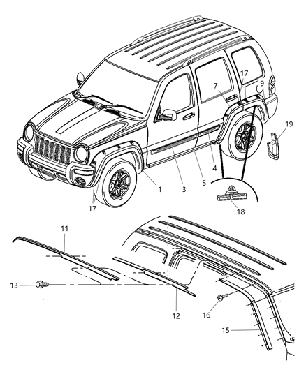 2005 Jeep Liberty Moldings, Body Side Diagram