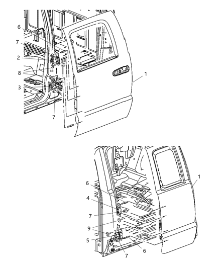 2005 Dodge Dakota Door, Rear Shell & Hinges Diagram