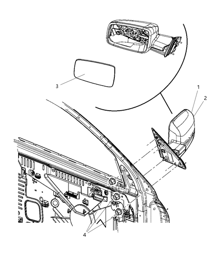 2009 Dodge Ram 1500 Outside Rearview Manual Mirror Diagram for 55372068AC