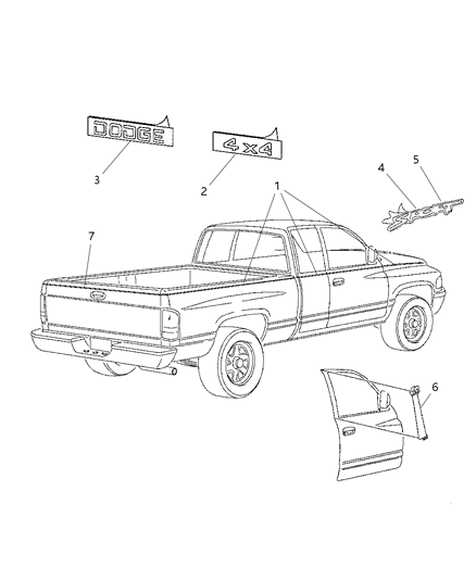 1998 Dodge Ram 2500 Quad & Club Cab Tape Strips & Decals Diagram