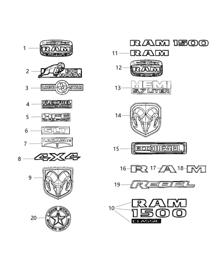 2019 Ram 1500 Nameplates, Emblems, Medallions & Decal Diagram