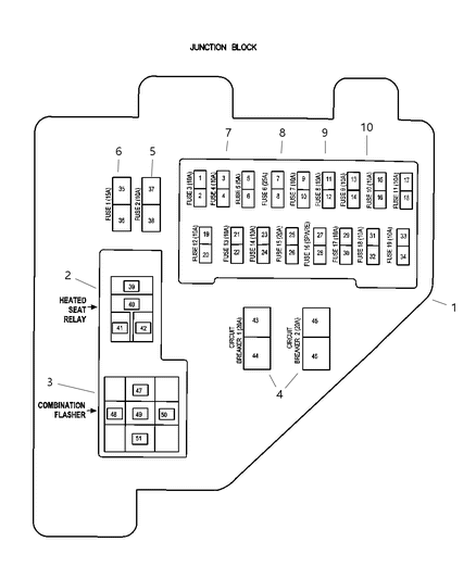 1999 Dodge Ram 2500 Quad & Club Cab Junction Block Relays & Fuses Diagram