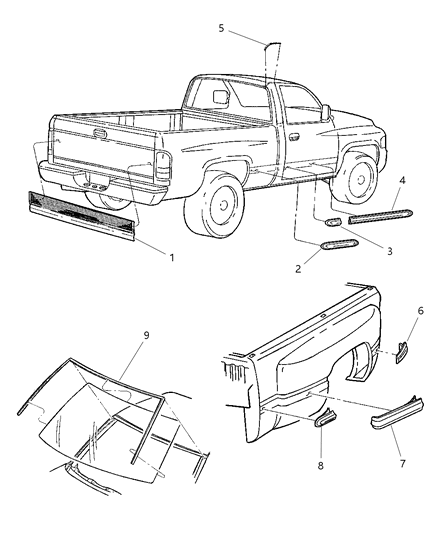 2000 Dodge Ram 2500 Regular Cab Mouldings Diagram