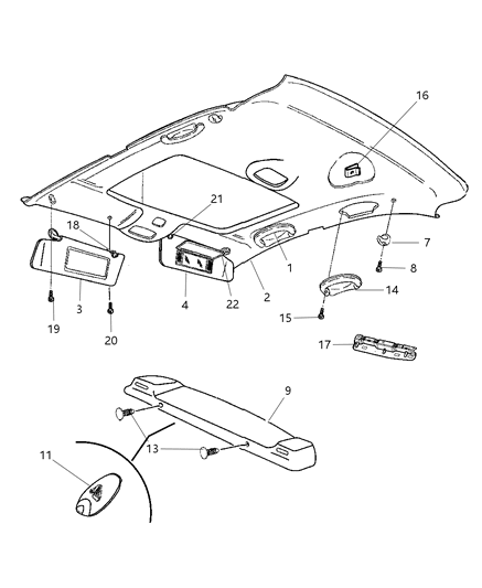 2002 Dodge Stratus Sedan Headliner, Visors & Rear Shelf Panel Diagram