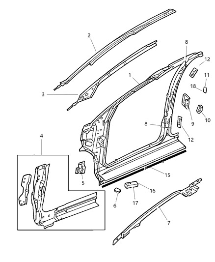 2007 Dodge Caravan Body Front Pillar & Aperture Panel Diagram