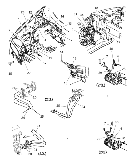 2000 Chrysler Sebring Convertible Plumbing - Heater & A/C Diagram