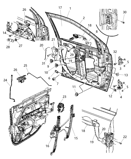 2007 Jeep Compass Front Door, Hinges, Handles, Regulators & Glass Diagram