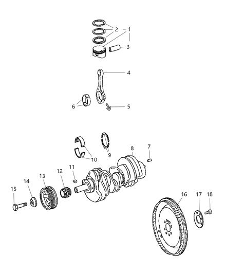 2008 Jeep Grand Cherokee Crankshaft , Crankshaft Bearings , Damper , Flywheel , Drive Plate And Flexplate ,Pistons & Related Parts Diagram 1