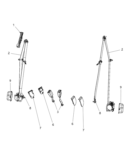 2009 Dodge Journey Seat Belts, Front Row Diagram