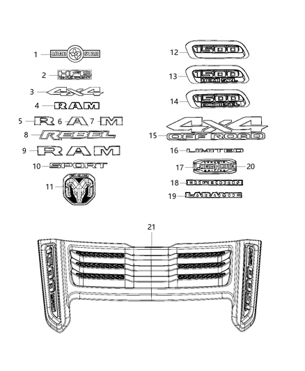 2019 Ram 1500 New Style Nameplates - Emblem & Medallions Diagram