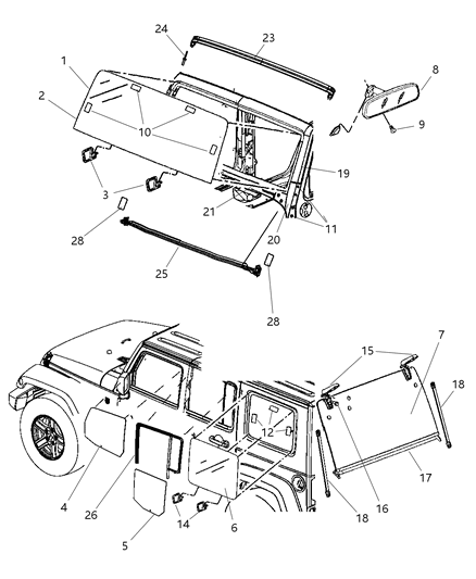 2009 Jeep Wrangler Glass, Glass Hardware & Interior Mirror Diagram