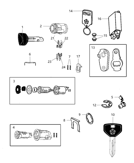 1998 Dodge Ram Wagon Lock Cylinders & Components Diagram